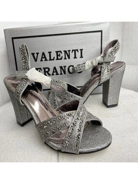 Valenti Franco Strappy Sandal Pewter Glitter Beaded High Heel Shoes Women's 7